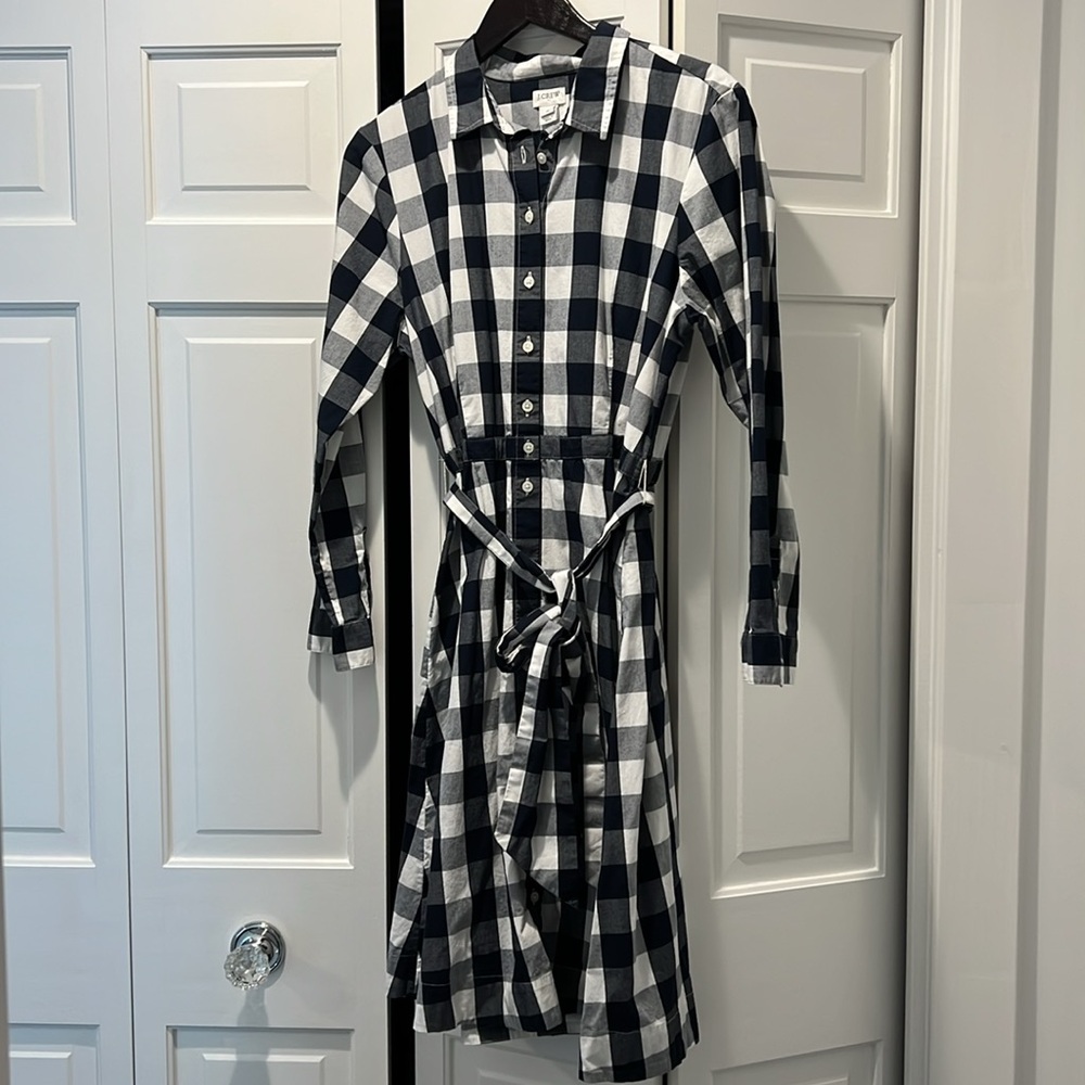J. Crew Navy and White Checkered Long Sleeve Dress